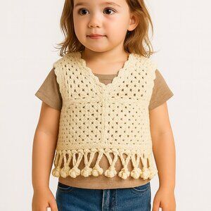 Charabia Crochet Fringe Sweater Vest Size 2 – Cream Boho Toddler Knitwear